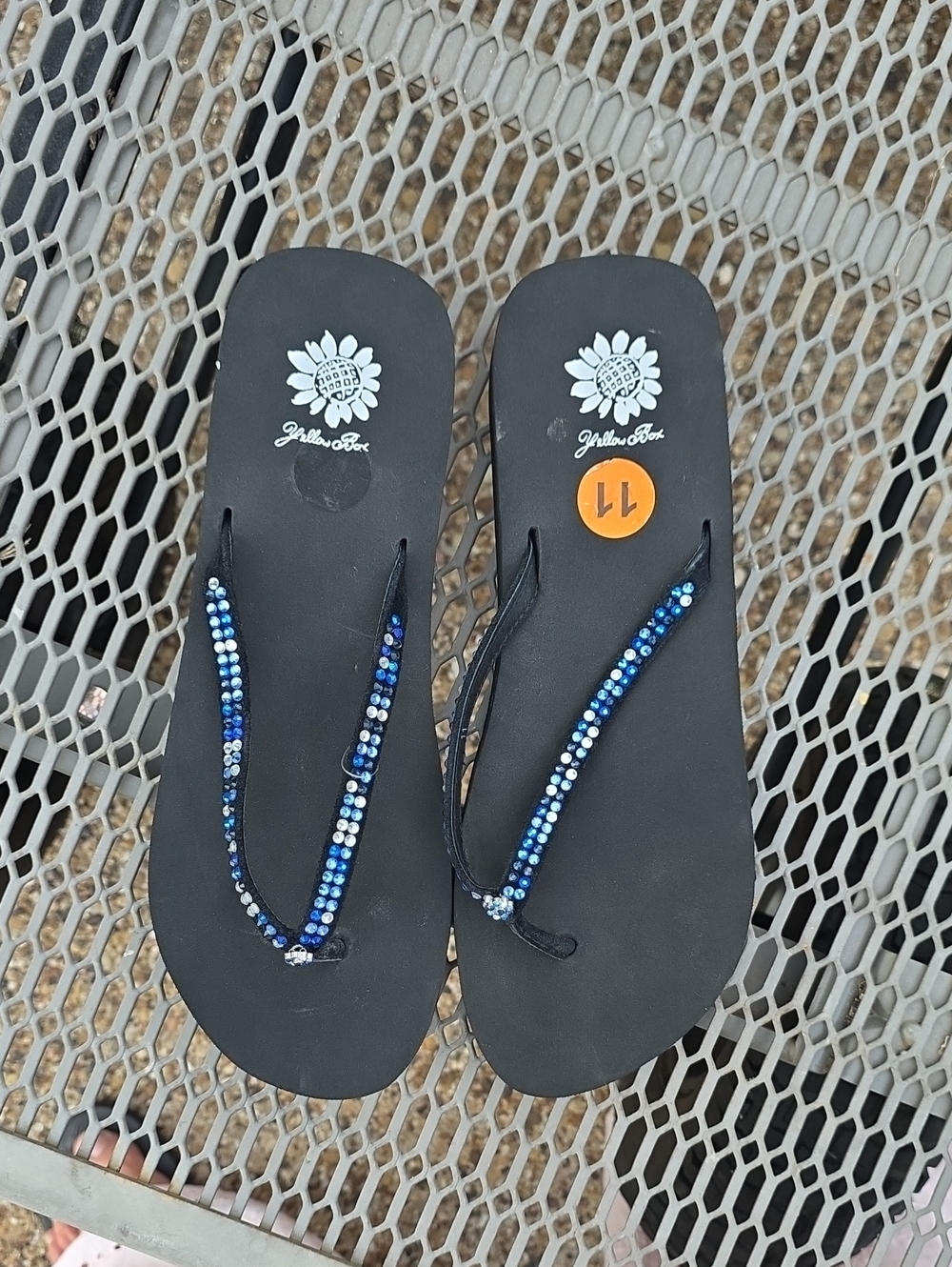 Yellow Box Black Flip Flops with Blue Rhinestone Straps